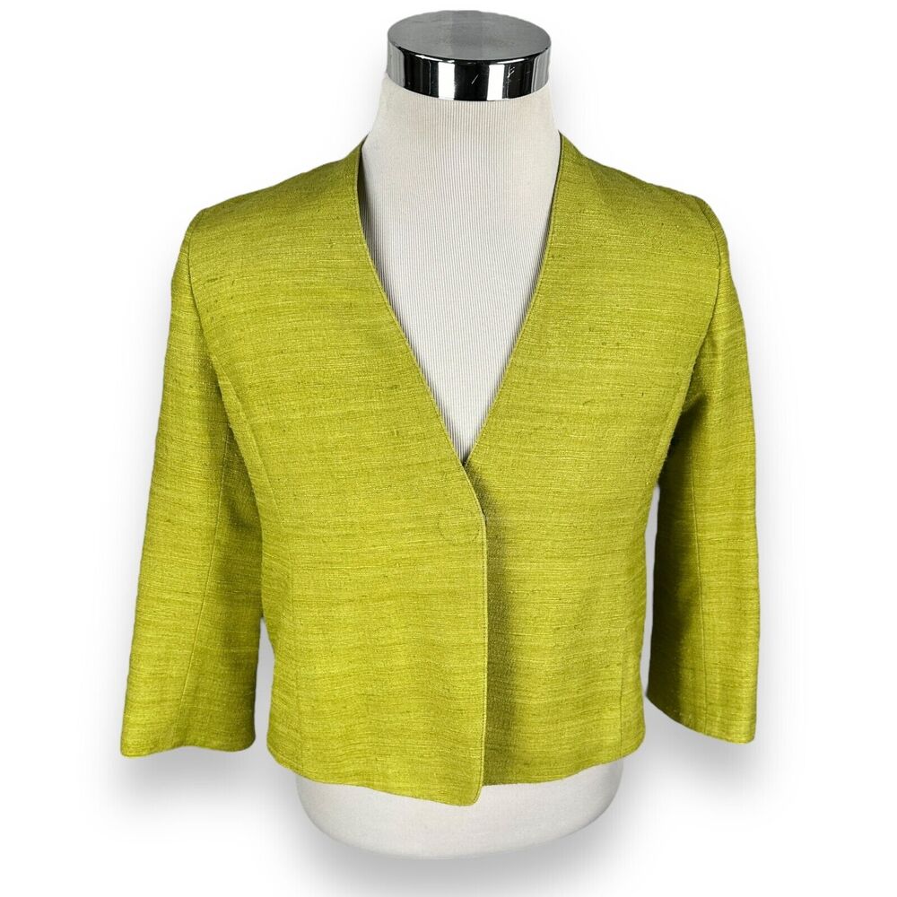 Akris Punto Blazer Jacket Womens 6 Lime Green Front Snap V-Neck 100% Silk